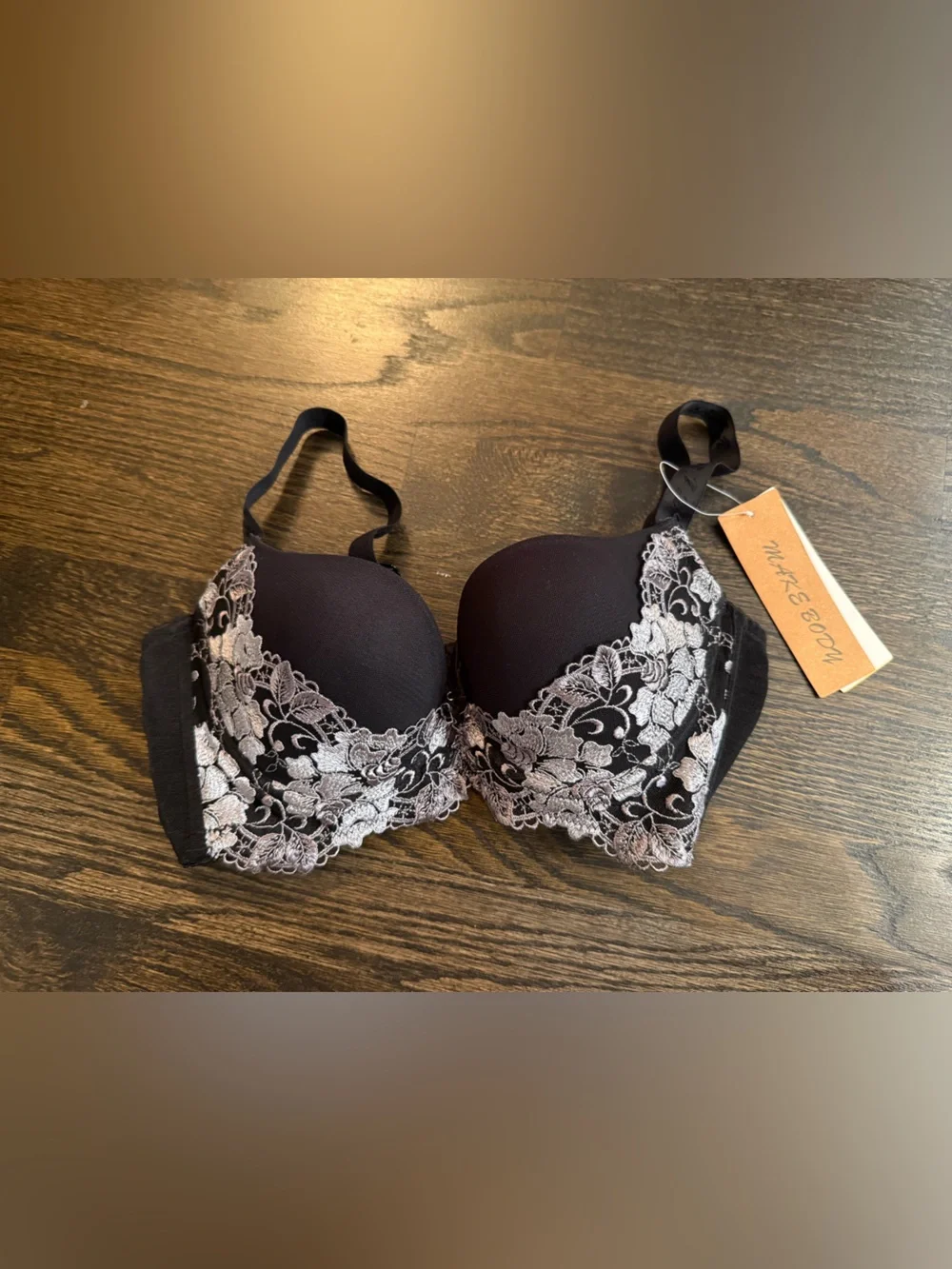 Lace Trim Push-Up Bra - Black & Silver 75c (34c)